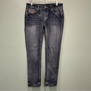 Love Indigo Blue Embellished Skinny Jeans with Stretch and Distressed Details
